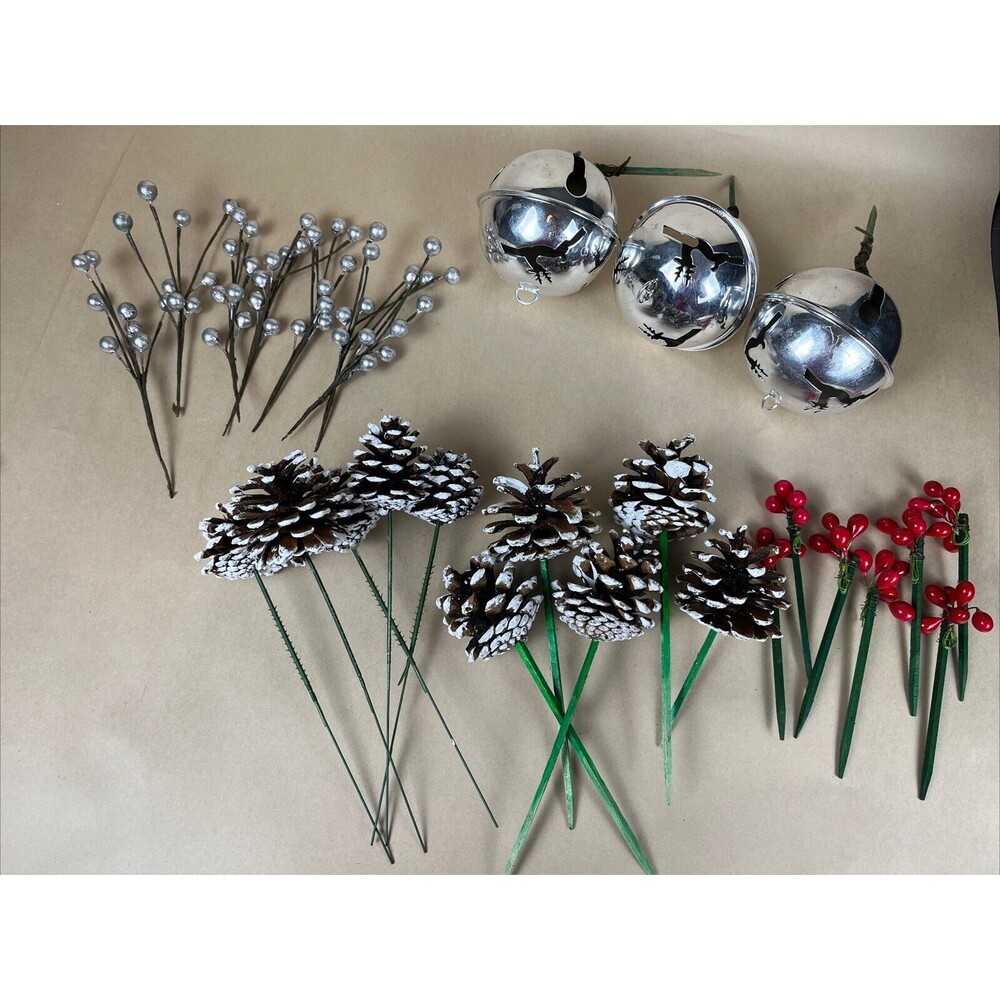 27 VTG Christmas Floral Picks Ornament Supplies-Bell Ball,Red Berries, Pinecone